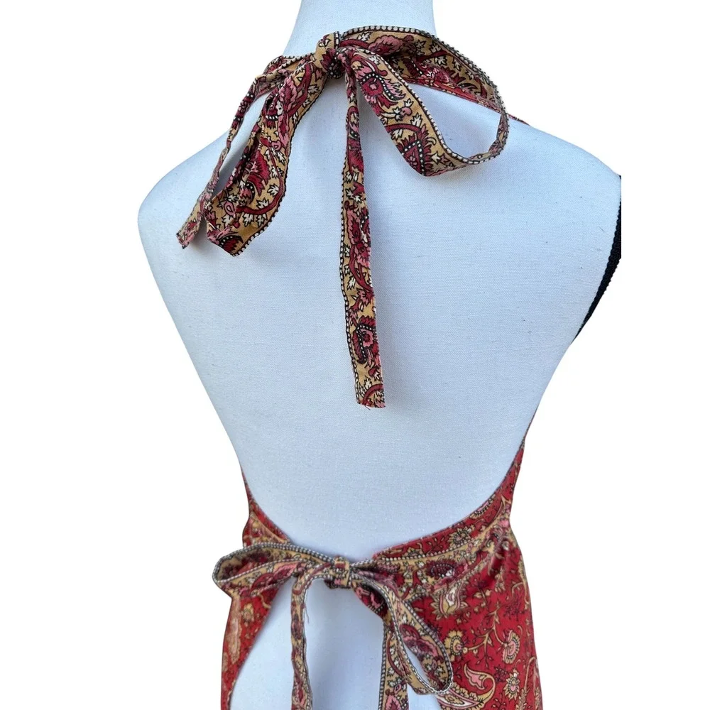 Red Paisley Cotton Halter Neck Apron Floral Boho Kitchen Wrap Made in India